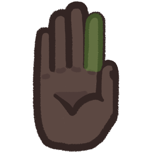 a dark skinned hand palms outward and the index / pointer finger is highlighted green